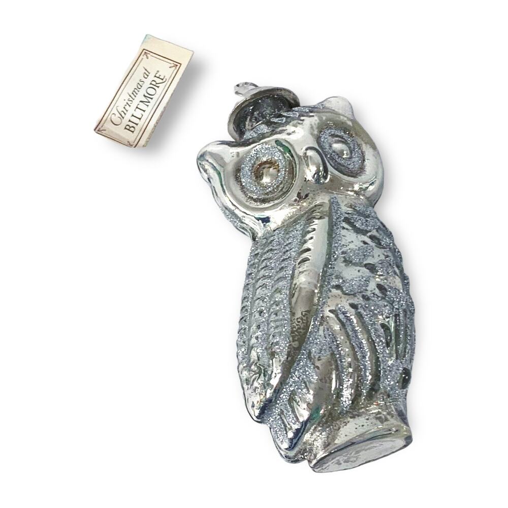 Christmas of Biltmore Silver Town Glitter 5" Collectible Glass Owl Ornament